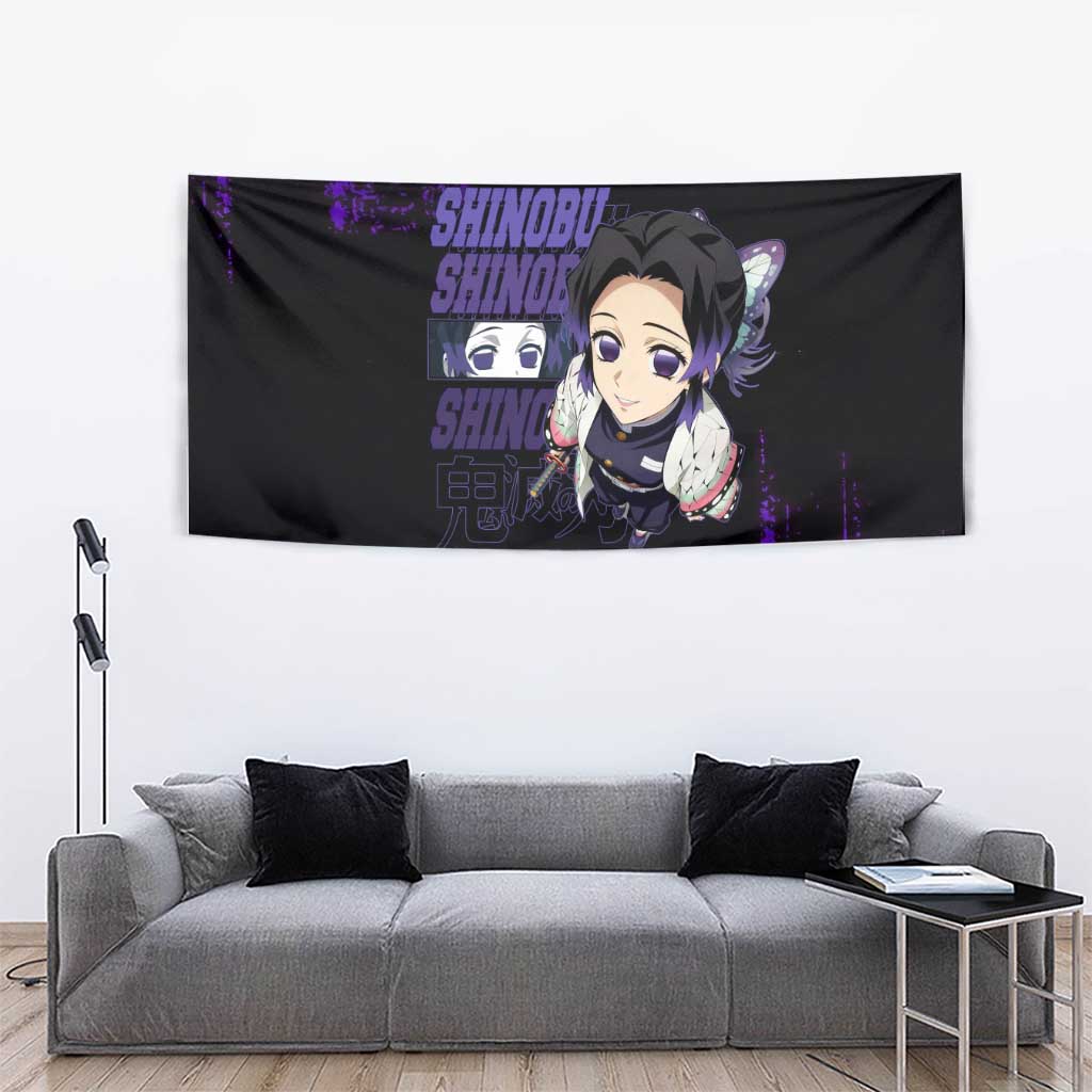 Shinobu Kocho Demon Slayer Purple Grunge Design Tapestry with Butterfly Theme and Calm Expression - The Mazicc