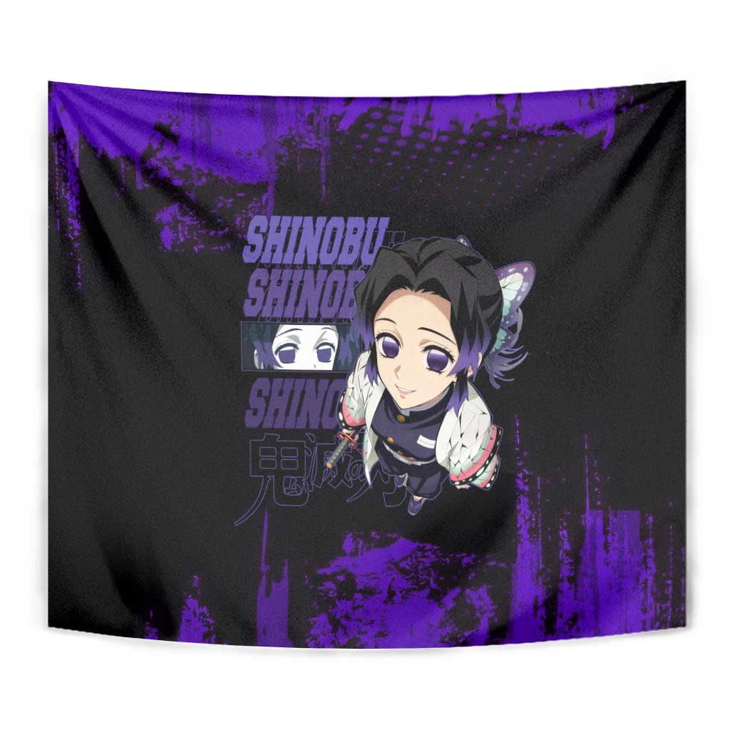 Shinobu Kocho Demon Slayer Purple Grunge Design Tapestry with Butterfly Theme and Calm Expression - The Mazicc