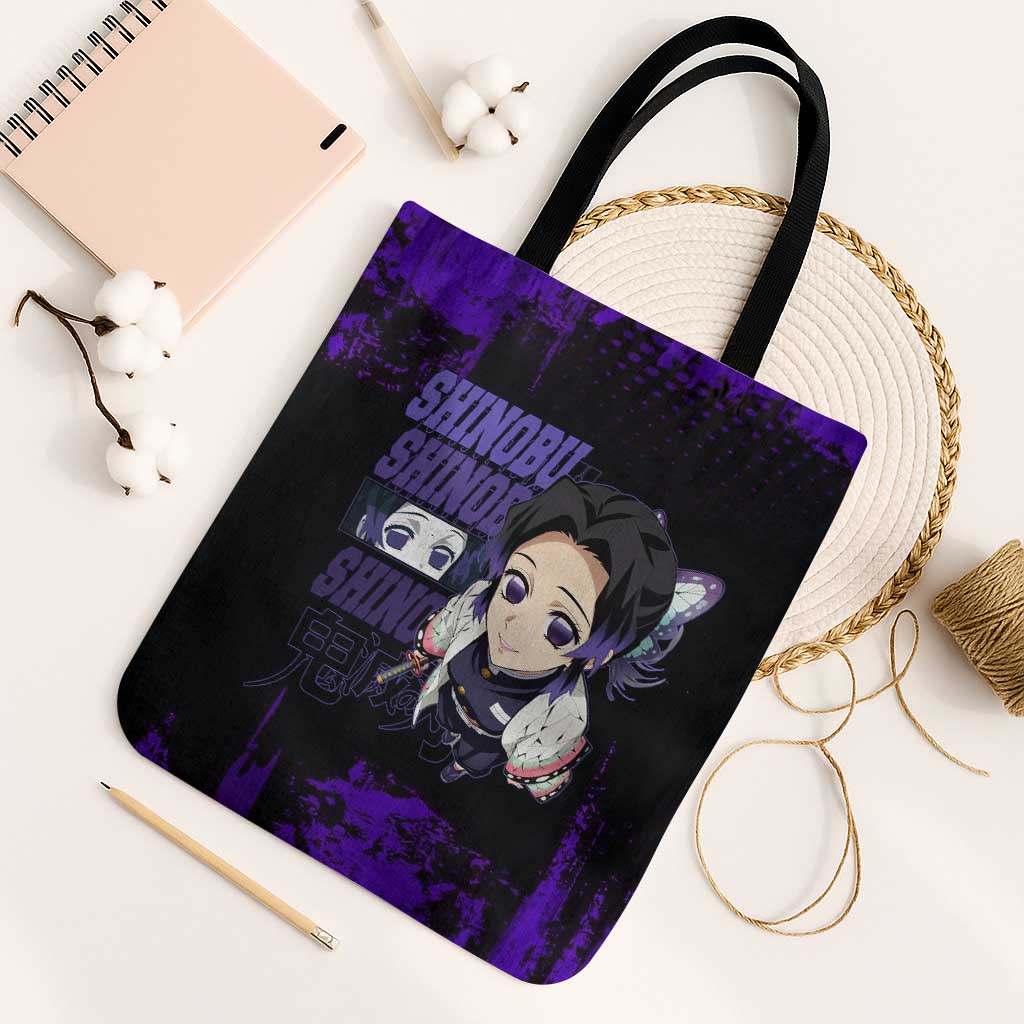 Shinobu Kocho Demon Slayer Purple Grunge Design Tote Bag with Butterfly Theme and Calm Expression - The Mazicc