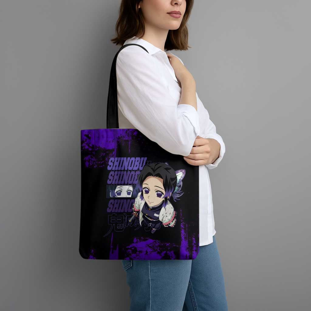 Shinobu Kocho Demon Slayer Purple Grunge Design Tote Bag with Butterfly Theme and Calm Expression - The Mazicc