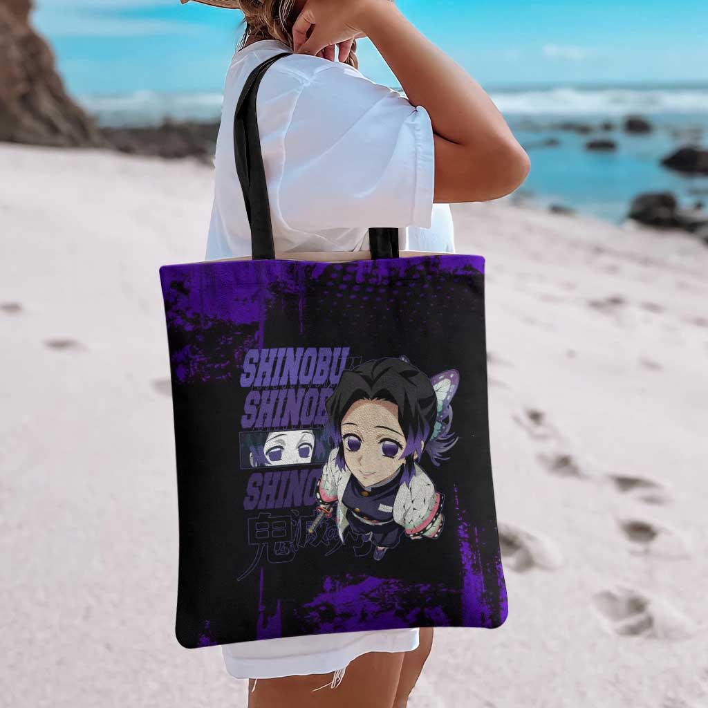 Shinobu Kocho Demon Slayer Purple Grunge Design Tote Bag with Butterfly Theme and Calm Expression - The Mazicc