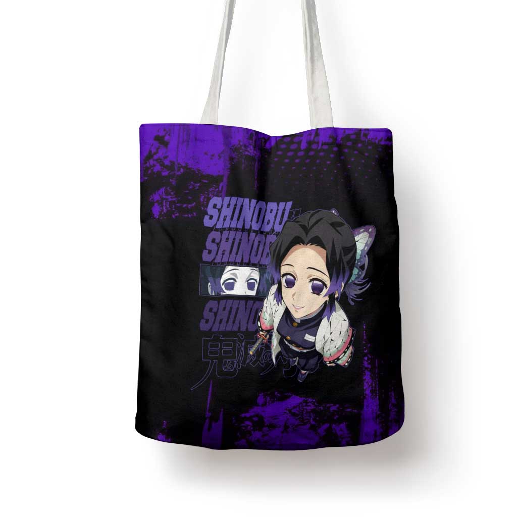 Shinobu Kocho Demon Slayer Purple Grunge Design Tote Bag with Butterfly Theme and Calm Expression - The Mazicc