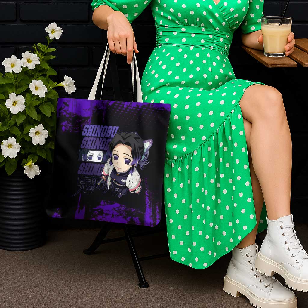 Shinobu Kocho Demon Slayer Purple Grunge Design Tote Bag with Butterfly Theme and Calm Expression - The Mazicc