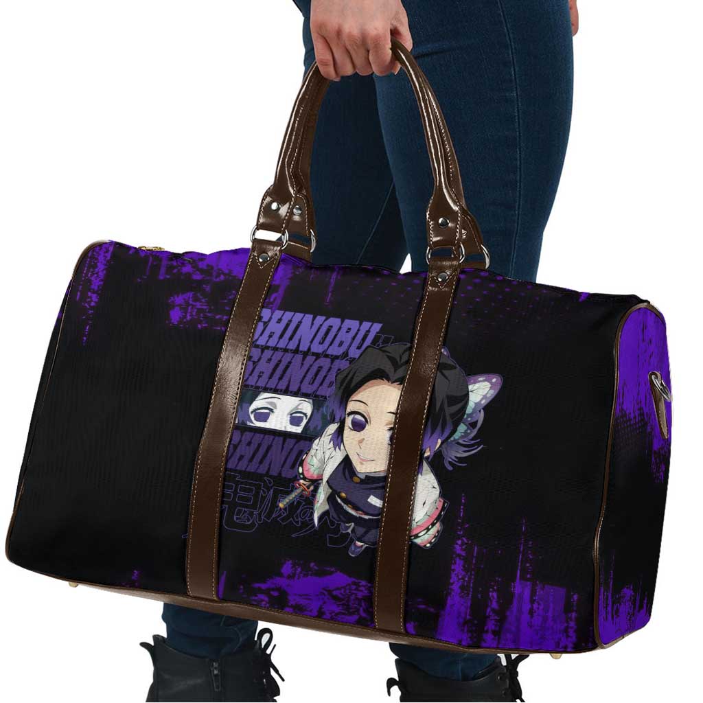 Shinobu Kocho Demon Slayer Purple Grunge Design Travel Bag with Butterfly Theme and Calm Expression - The Mazicc