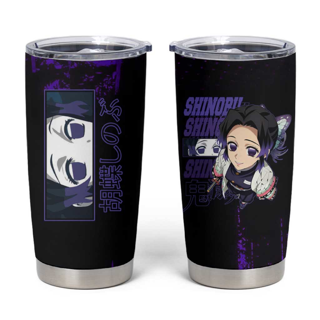 Shinobu Kocho Demon Slayer Purple Grunge Design Tumbler Cup with Butterfly Theme and Calm Expression - The Mazicc