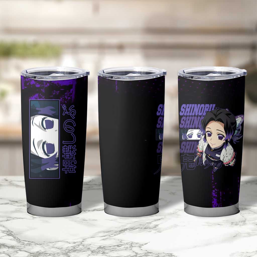 Shinobu Kocho Demon Slayer Purple Grunge Design Tumbler Cup with Butterfly Theme and Calm Expression - The Mazicc