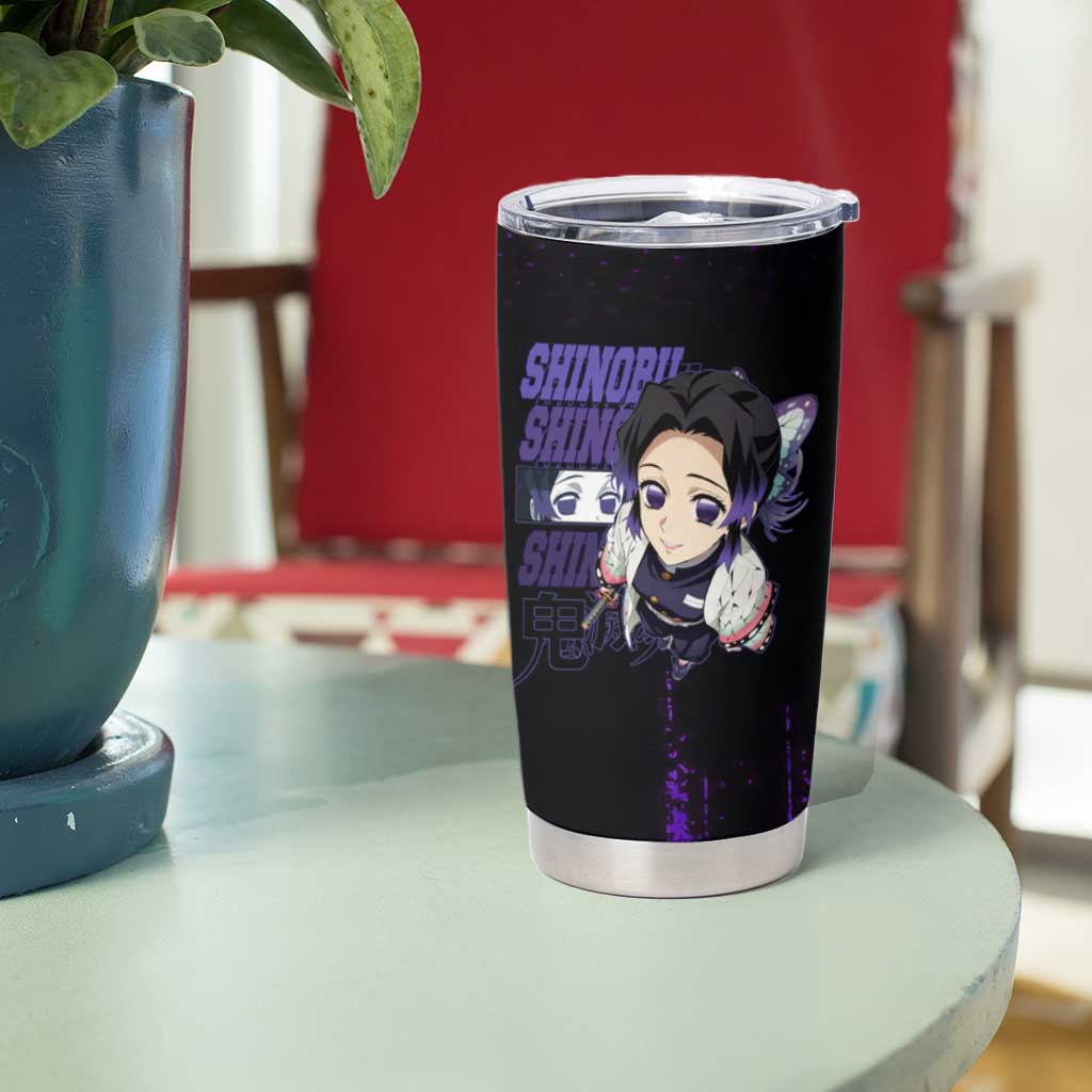 Shinobu Kocho Demon Slayer Purple Grunge Design Tumbler Cup with Butterfly Theme and Calm Expression - The Mazicc