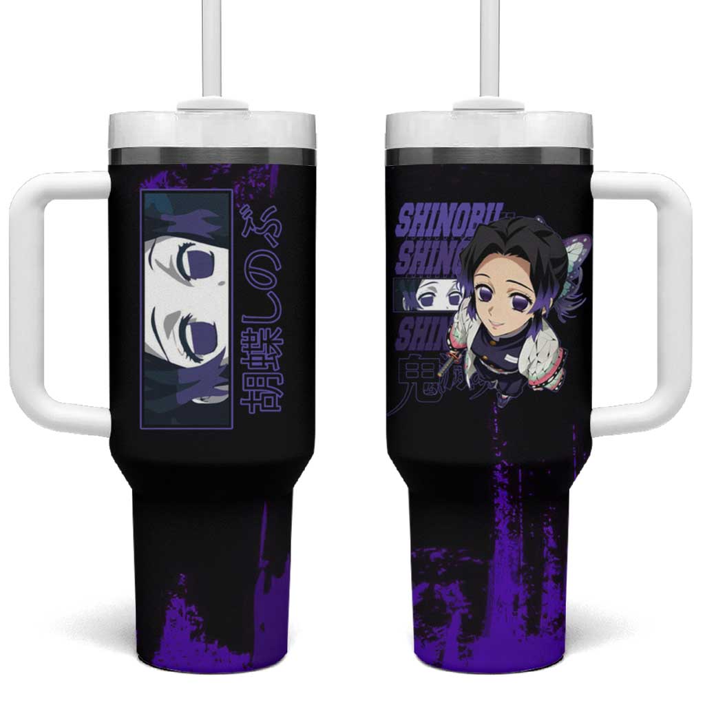 Shinobu Kocho Demon Slayer Purple Grunge Design Tumbler With Handle with Butterfly Theme and Calm Expression - The Mazicc