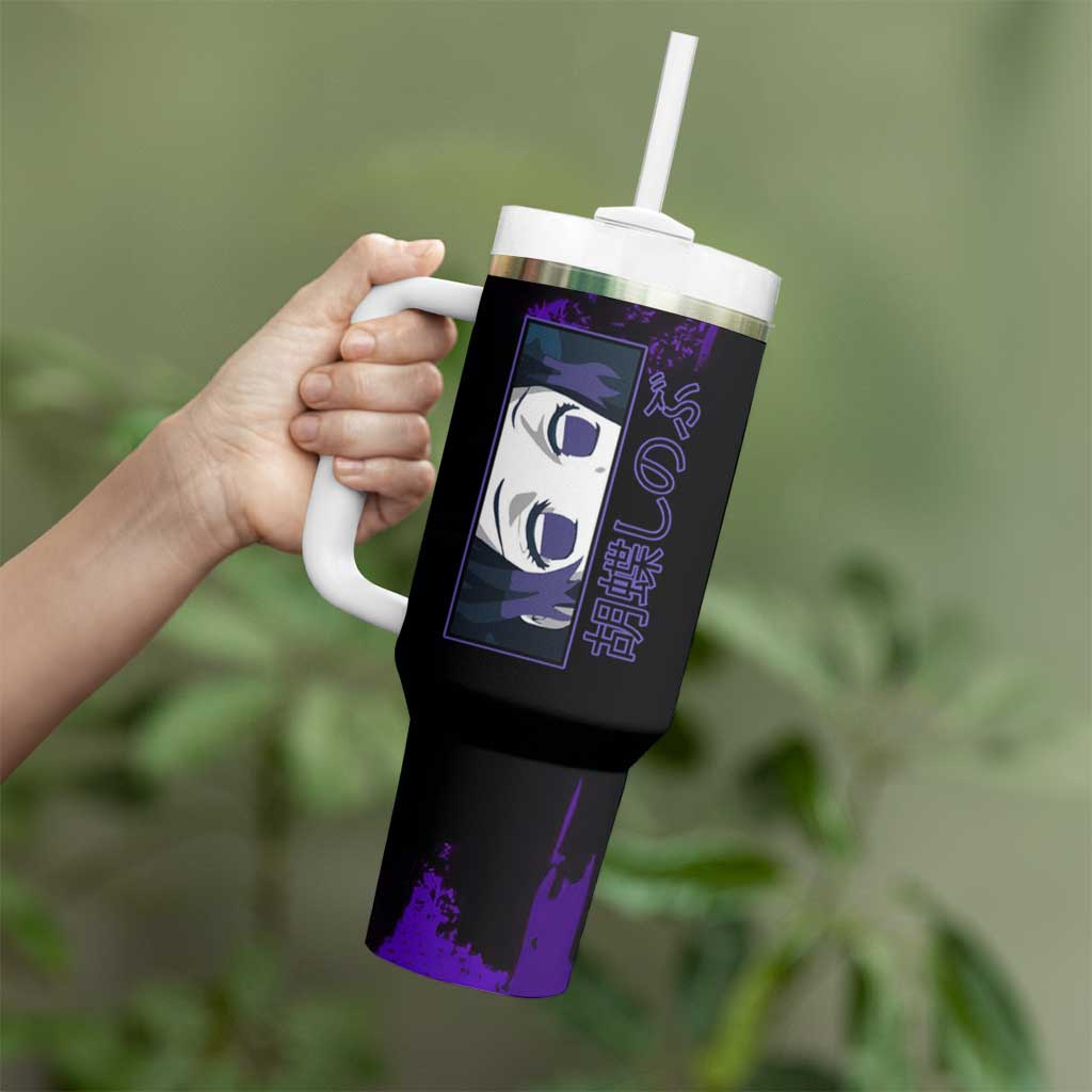 Shinobu Kocho Demon Slayer Purple Grunge Design Tumbler With Handle with Butterfly Theme and Calm Expression - The Mazicc