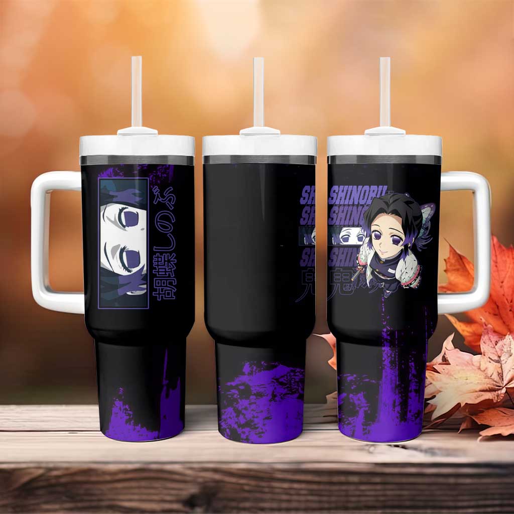 Shinobu Kocho Demon Slayer Purple Grunge Design Tumbler With Handle with Butterfly Theme and Calm Expression - The Mazicc