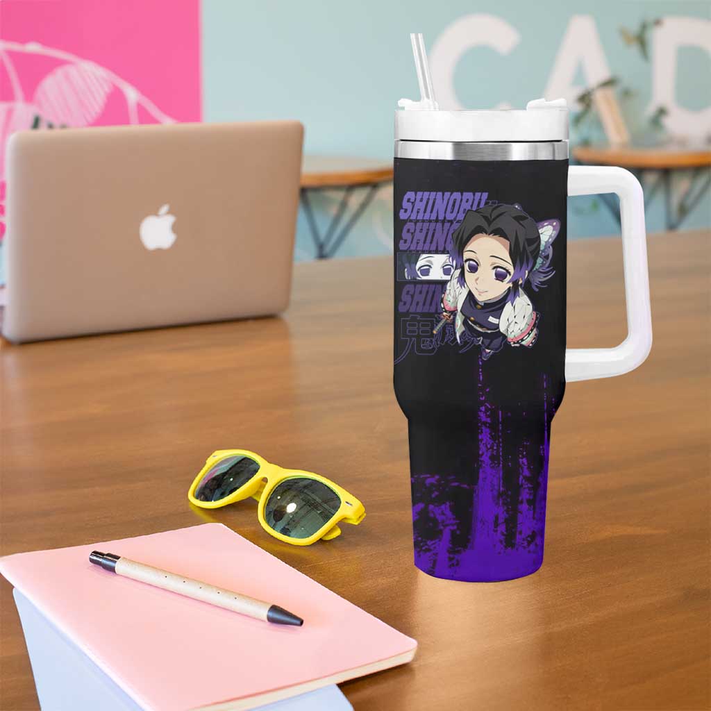 Shinobu Kocho Demon Slayer Purple Grunge Design Tumbler With Handle with Butterfly Theme and Calm Expression - The Mazicc