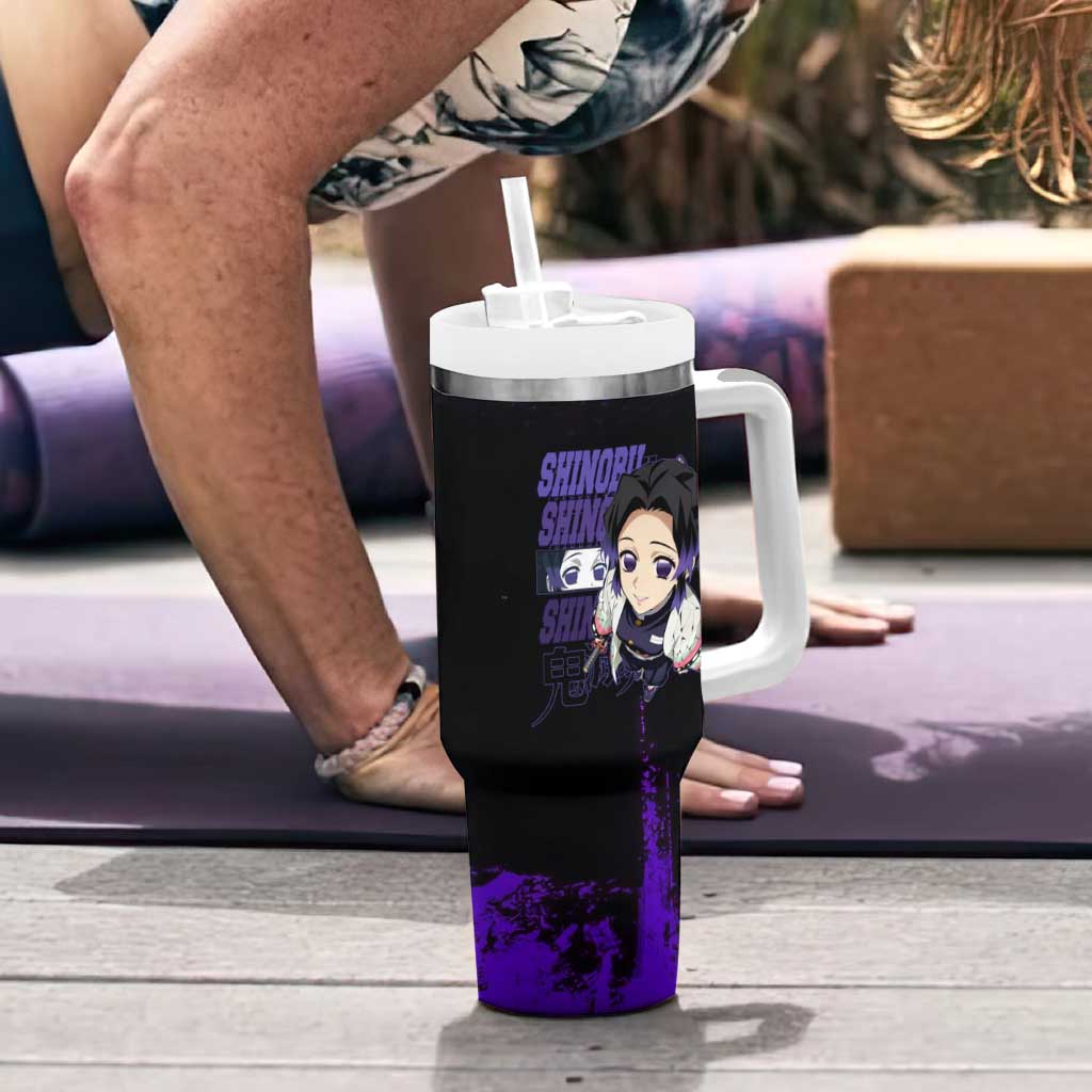 Shinobu Kocho Demon Slayer Purple Grunge Design Tumbler With Handle with Butterfly Theme and Calm Expression - The Mazicc