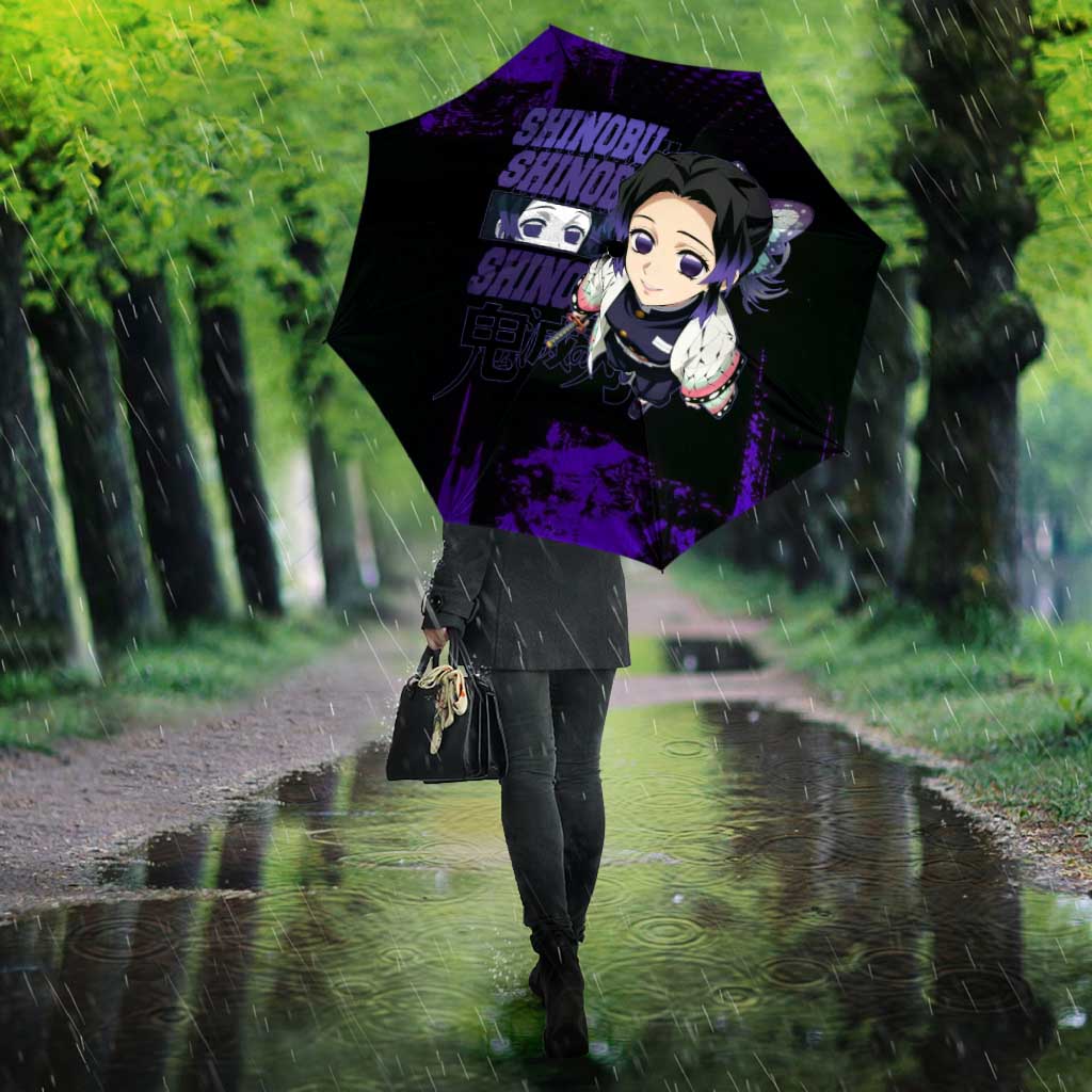 Shinobu Kocho Demon Slayer Purple Grunge Design Umbrella with Butterfly Theme and Calm Expression - The Mazicc