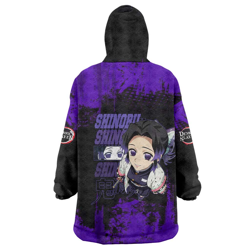 Shinobu Kocho Demon Slayer Purple Grunge Design Wearable Blanket Hoodie with Butterfly Theme and Calm Expression - The Mazicc