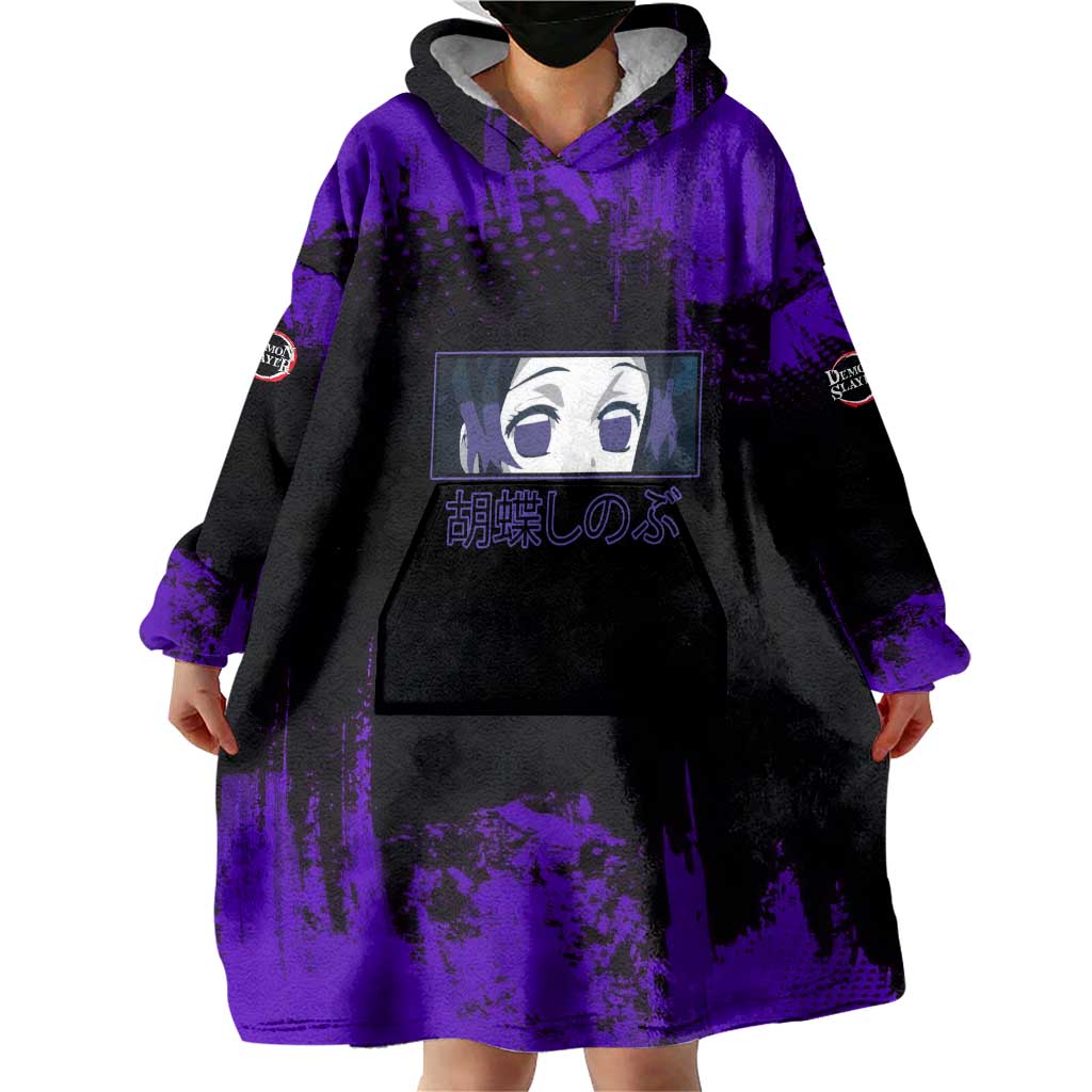 Shinobu Kocho Demon Slayer Purple Grunge Design Wearable Blanket Hoodie with Butterfly Theme and Calm Expression - The Mazicc