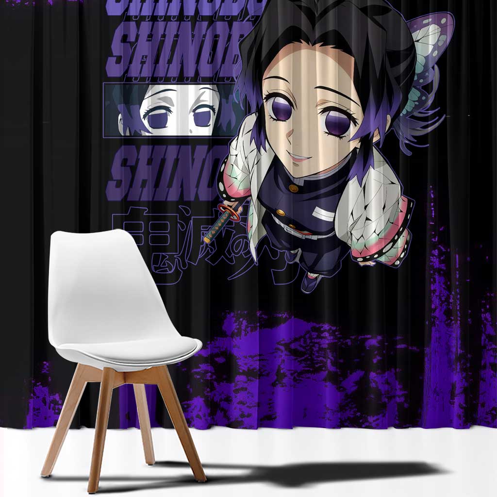 Shinobu Kocho Demon Slayer Purple Grunge Design Window Curtain with Butterfly Theme and Calm Expression - The Mazicc