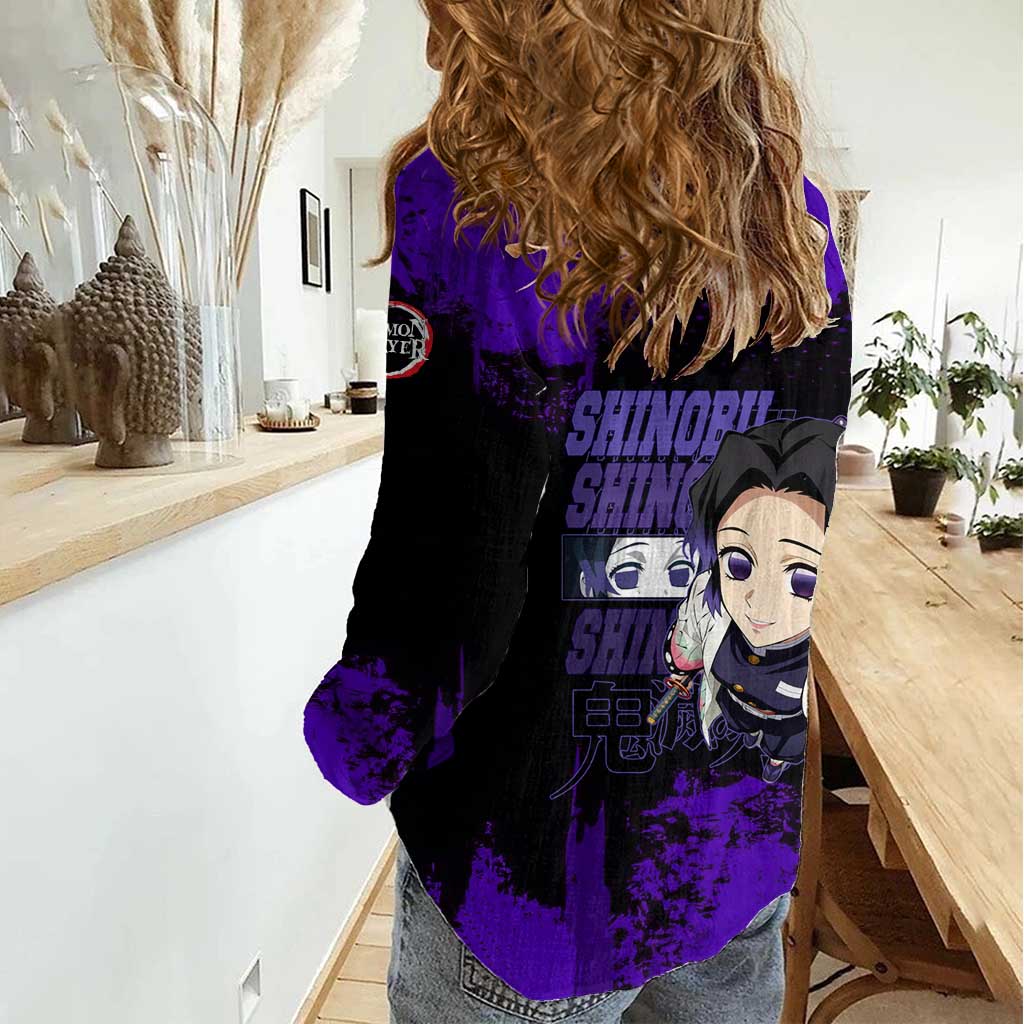 Shinobu Kocho Demon Slayer Purple Grunge Design Women Casual Shirt with Butterfly Theme and Calm Expression - The Mazicc