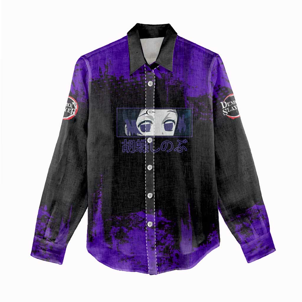 Shinobu Kocho Demon Slayer Purple Grunge Design Women Casual Shirt with Butterfly Theme and Calm Expression - The Mazicc