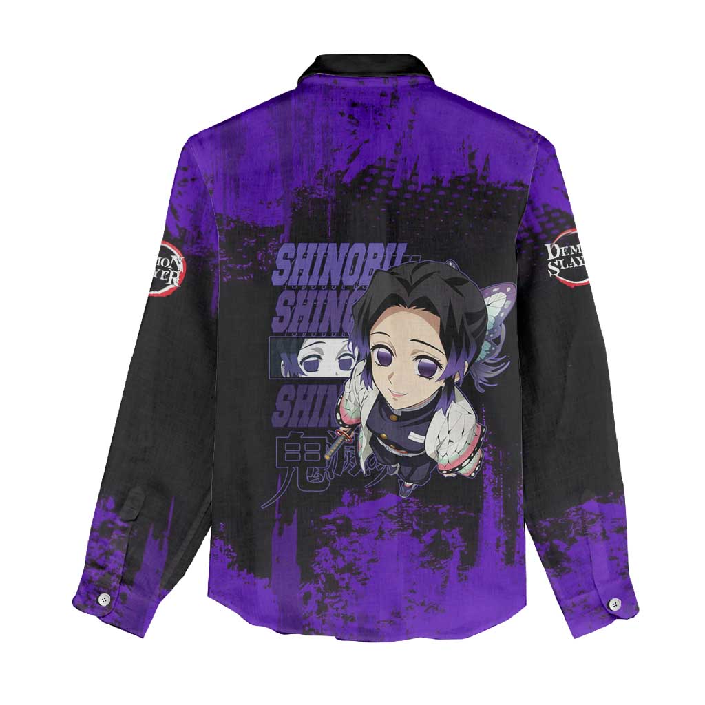 Shinobu Kocho Demon Slayer Purple Grunge Design Women Casual Shirt with Butterfly Theme and Calm Expression - The Mazicc