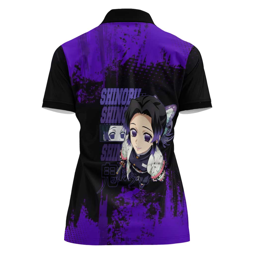 Shinobu Kocho Demon Slayer Purple Grunge Design Women Polo Shirt with Butterfly Theme and Calm Expression - The Mazicc