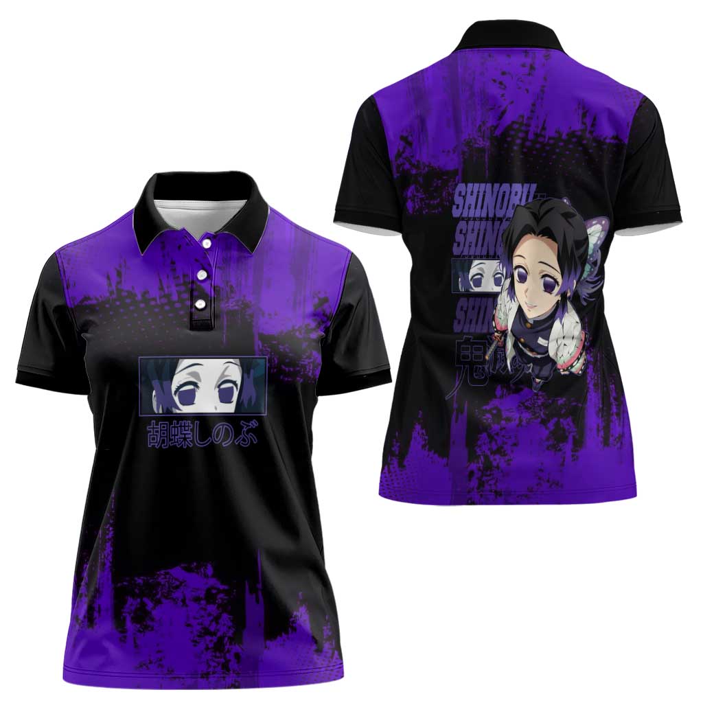 Shinobu Kocho Demon Slayer Purple Grunge Design Women Polo Shirt with Butterfly Theme and Calm Expression - The Mazicc