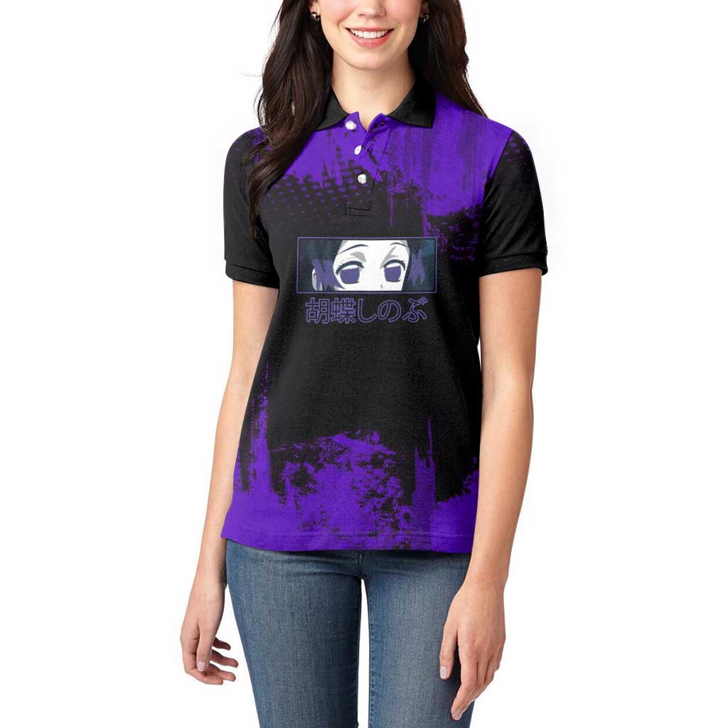 Shinobu Kocho Demon Slayer Purple Grunge Design Women Polo Shirt with Butterfly Theme and Calm Expression - The Mazicc