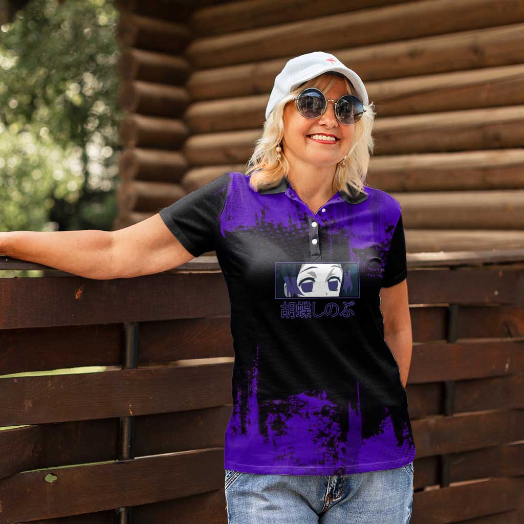 Shinobu Kocho Demon Slayer Purple Grunge Design Women Polo Shirt with Butterfly Theme and Calm Expression - The Mazicc