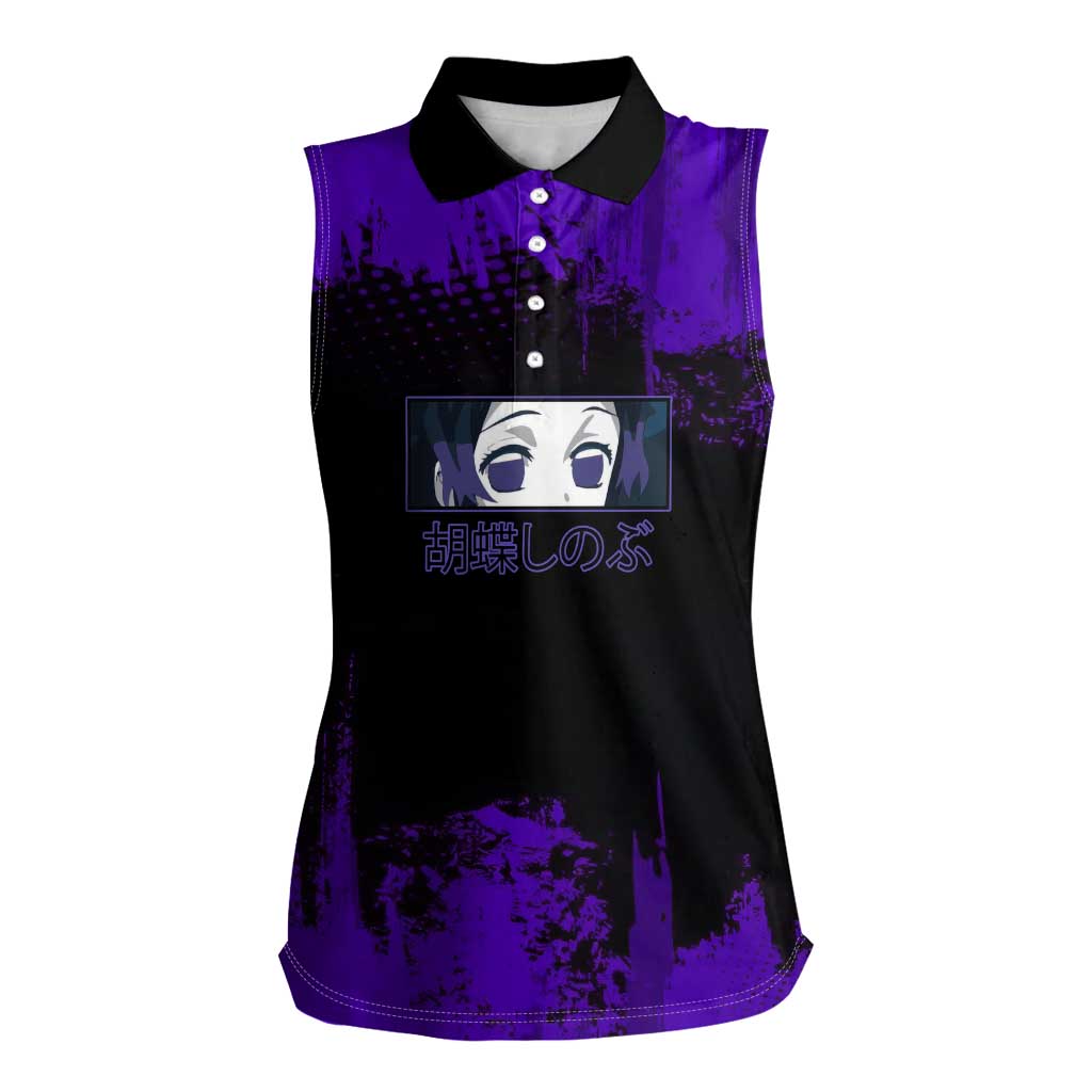 Shinobu Kocho Demon Slayer Purple Grunge Design Women Sleeveless Polo Shirt with Butterfly Theme and Calm Expression - The Mazicc