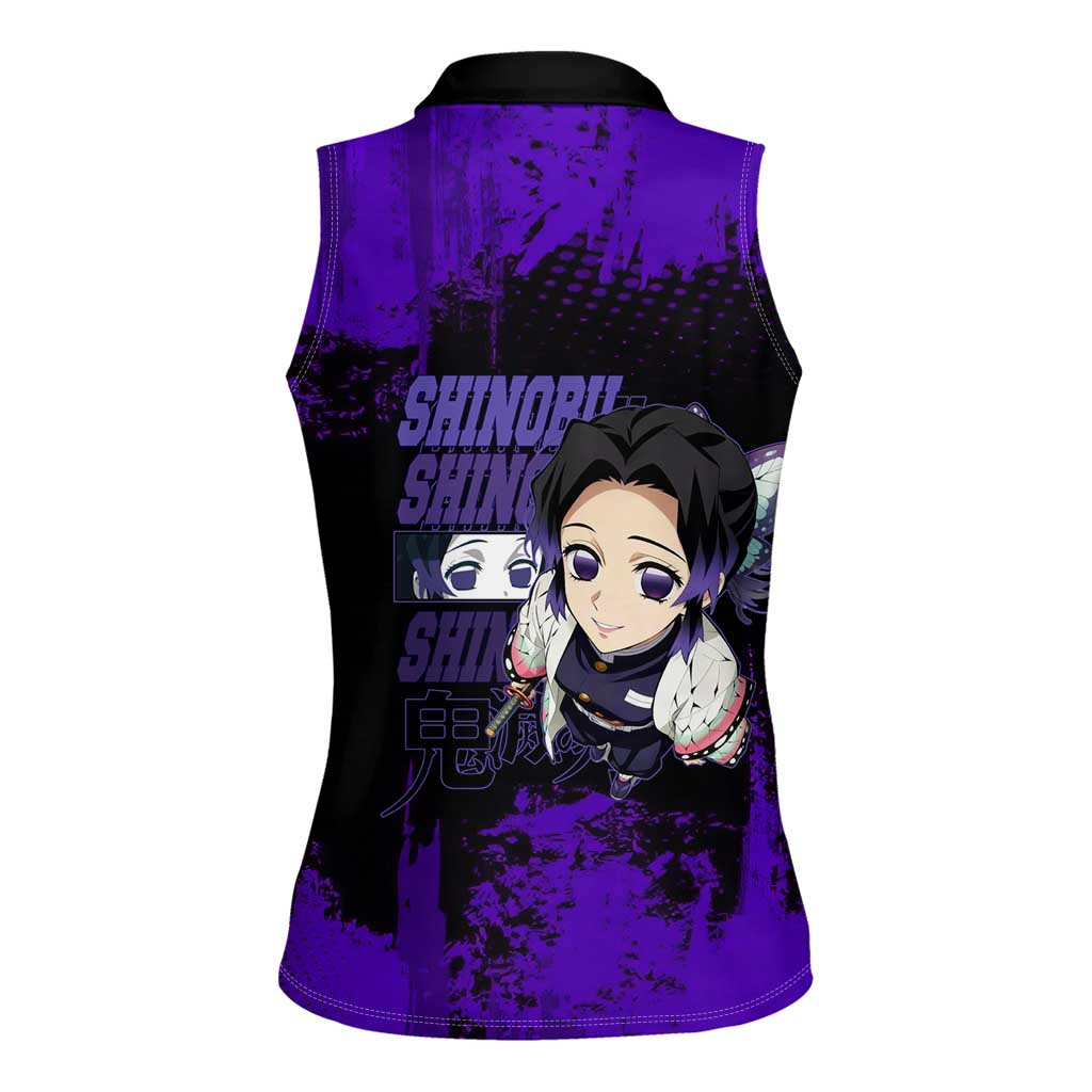 Shinobu Kocho Demon Slayer Purple Grunge Design Women Sleeveless Polo Shirt with Butterfly Theme and Calm Expression - The Mazicc