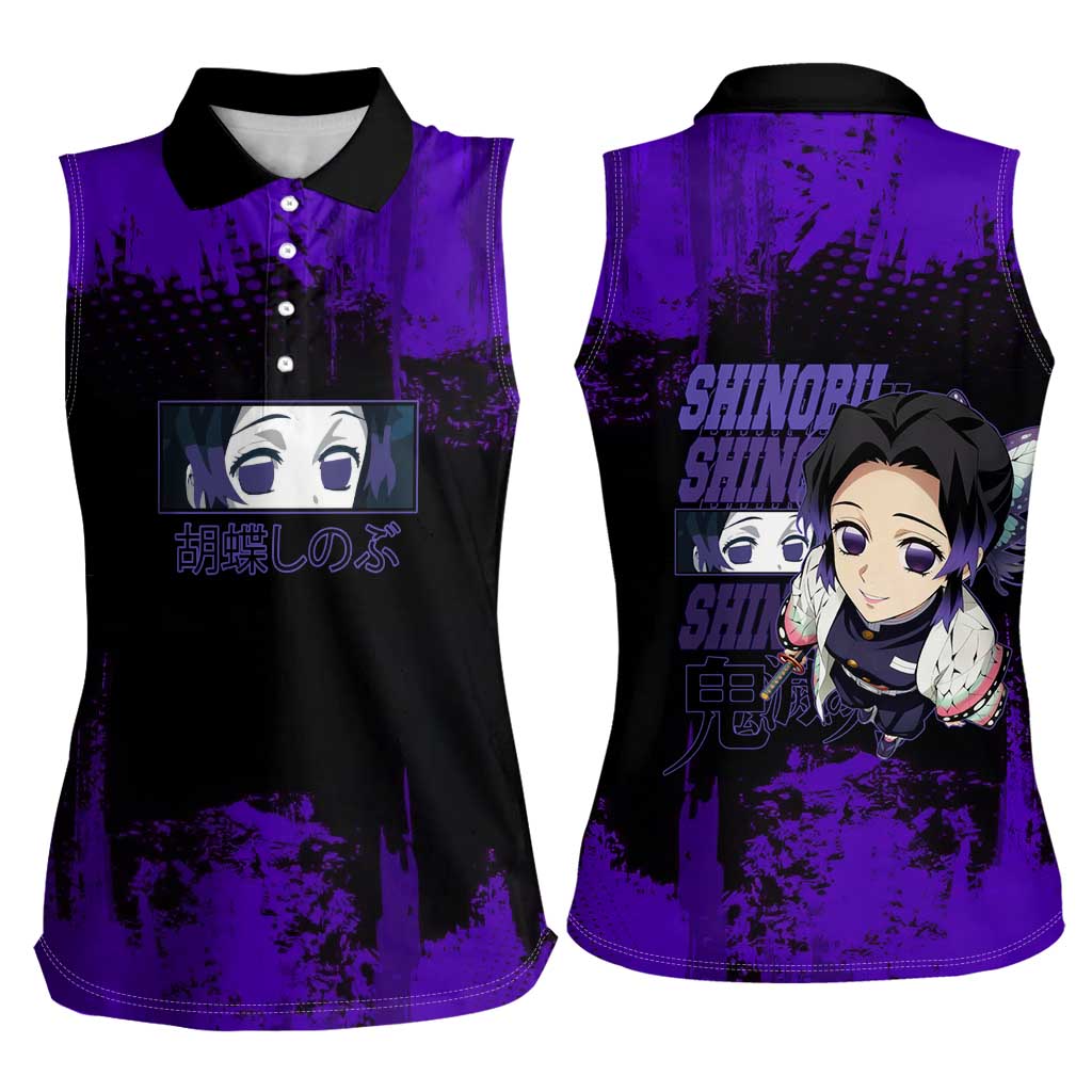 Shinobu Kocho Demon Slayer Purple Grunge Design Women Sleeveless Polo Shirt with Butterfly Theme and Calm Expression - The Mazicc
