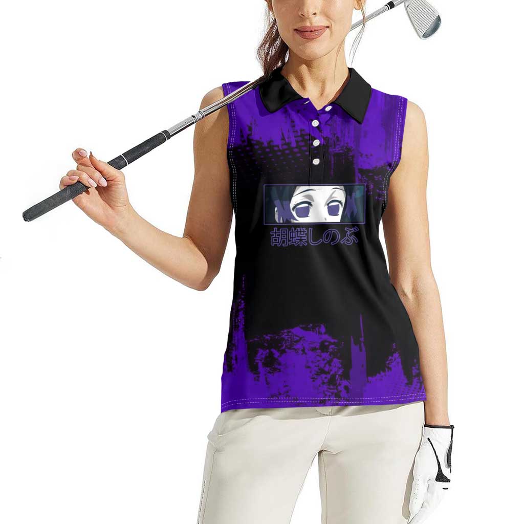 Shinobu Kocho Demon Slayer Purple Grunge Design Women Sleeveless Polo Shirt with Butterfly Theme and Calm Expression - The Mazicc