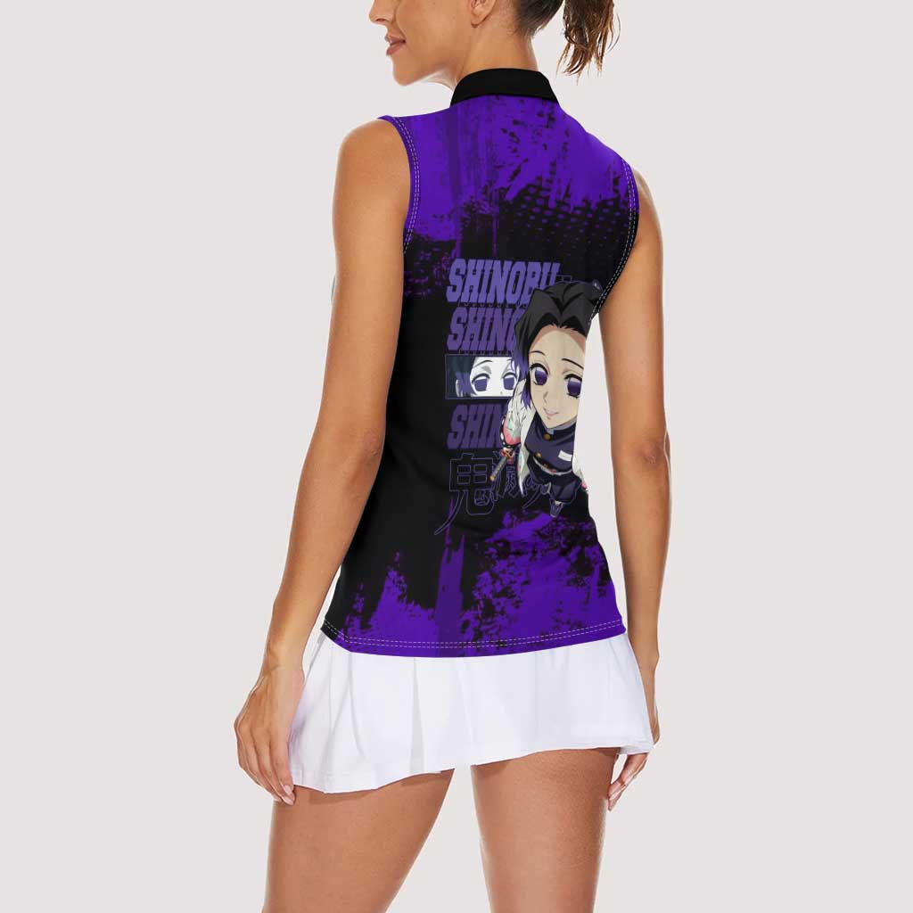 Shinobu Kocho Demon Slayer Purple Grunge Design Women Sleeveless Polo Shirt with Butterfly Theme and Calm Expression - The Mazicc