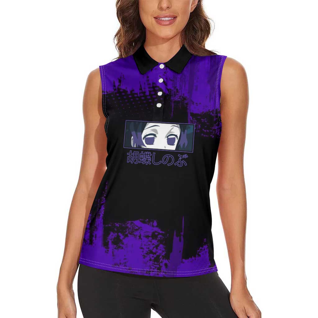 Shinobu Kocho Demon Slayer Purple Grunge Design Women Sleeveless Polo Shirt with Butterfly Theme and Calm Expression - The Mazicc