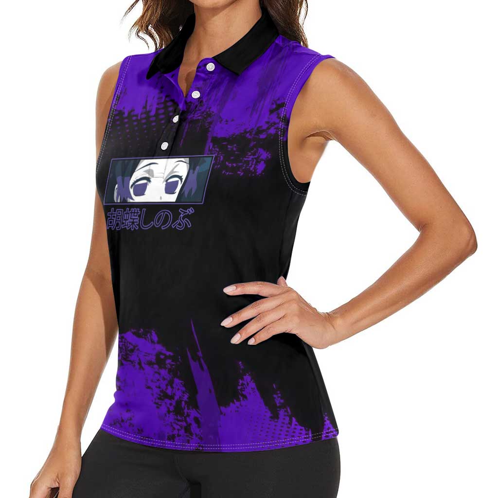 Shinobu Kocho Demon Slayer Purple Grunge Design Women Sleeveless Polo Shirt with Butterfly Theme and Calm Expression - The Mazicc