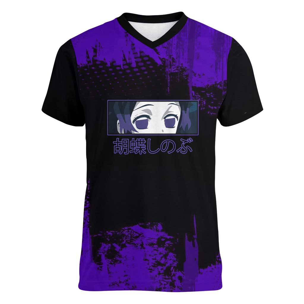 Shinobu Kocho Demon Slayer Purple Grunge Design Women V-Neck T-Shirt with Butterfly Theme and Calm Expression - The Mazicc