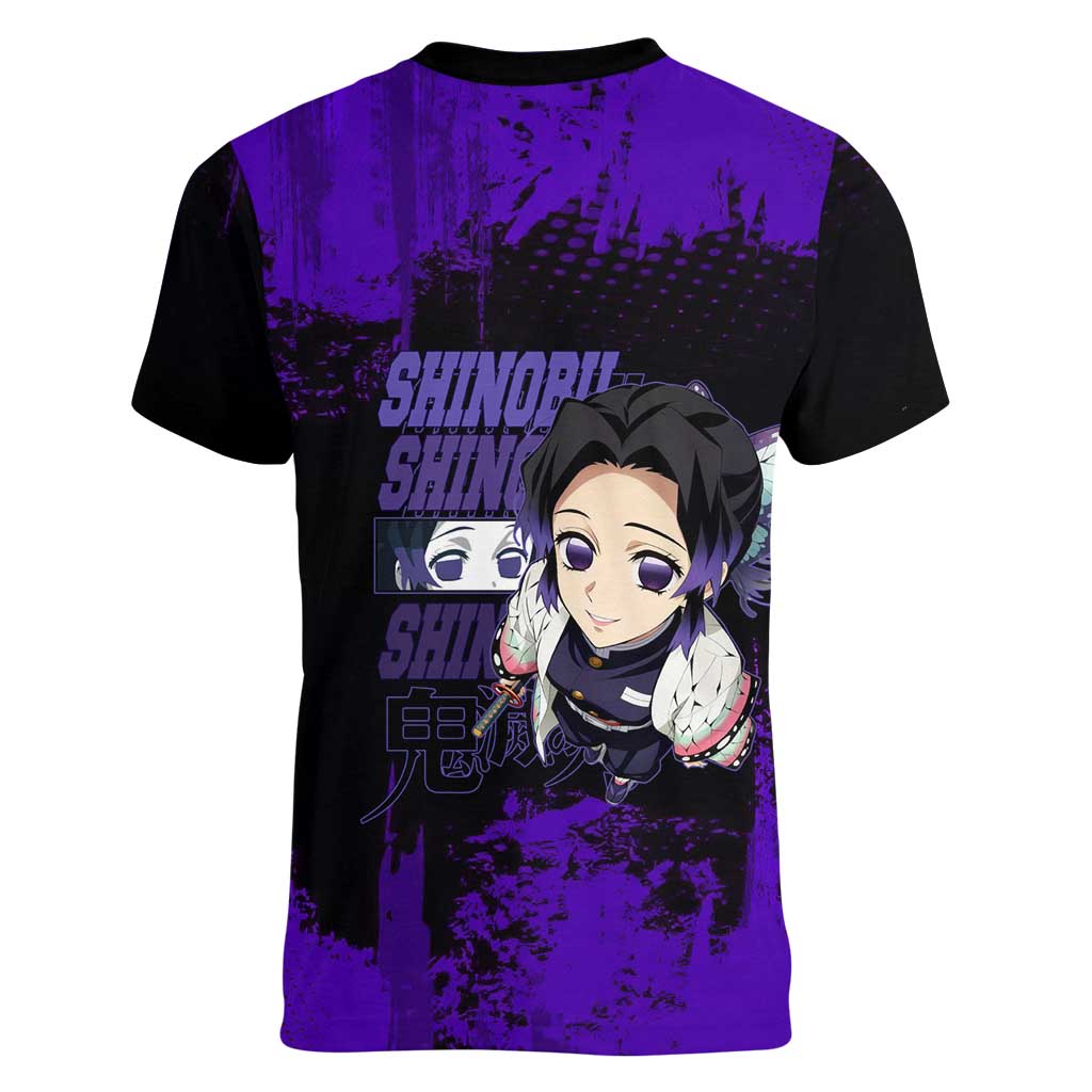 Shinobu Kocho Demon Slayer Purple Grunge Design Women V-Neck T-Shirt with Butterfly Theme and Calm Expression - The Mazicc