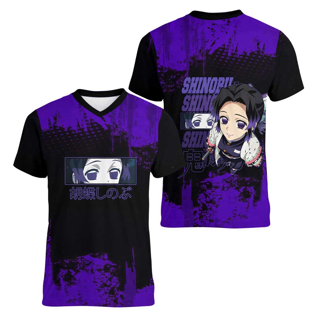 Shinobu Kocho Demon Slayer Purple Grunge Design Women V-Neck T-Shirt with Butterfly Theme and Calm Expression - The Mazicc