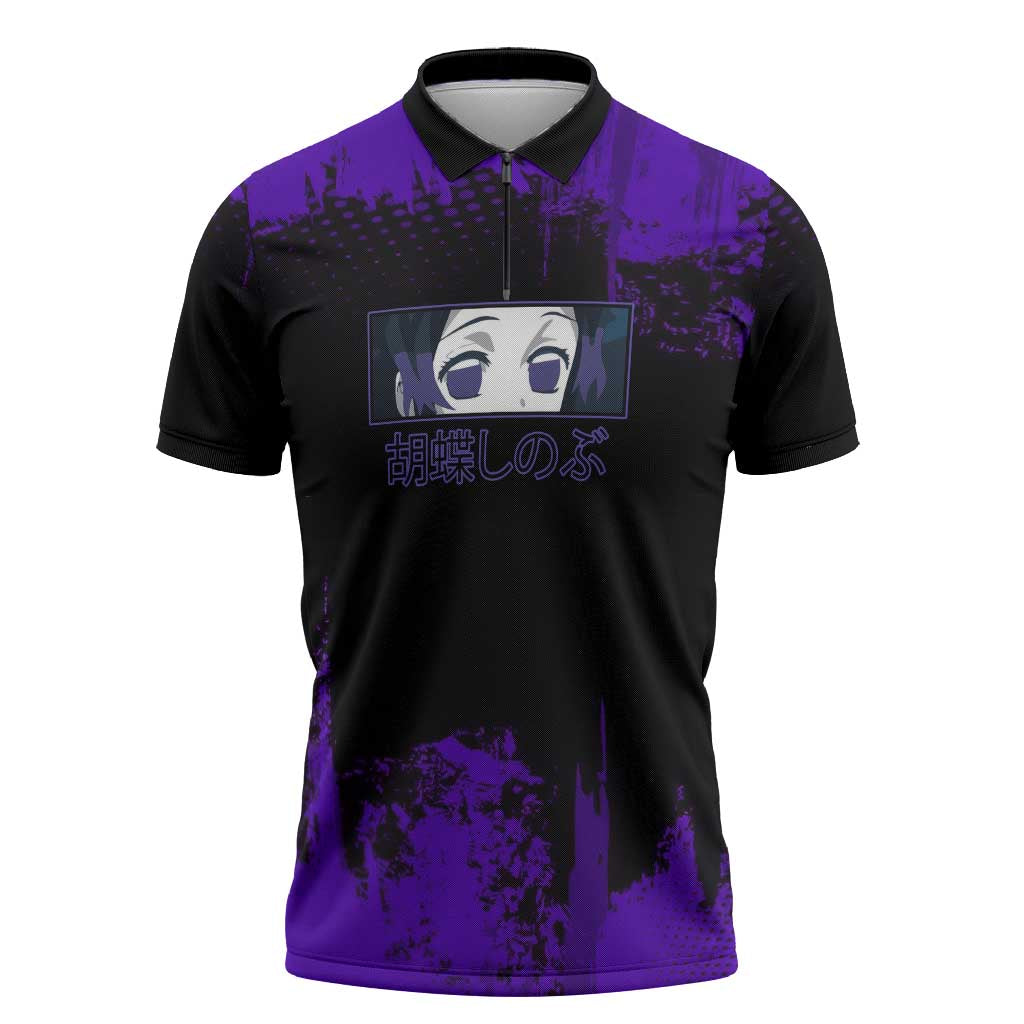 Shinobu Kocho Demon Slayer Purple Grunge Design Zipper Polo Shirt with Butterfly Theme and Calm Expression - The Mazicc