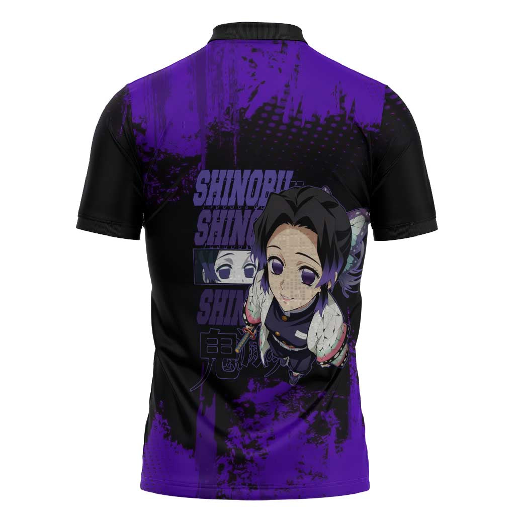 Shinobu Kocho Demon Slayer Purple Grunge Design Zipper Polo Shirt with Butterfly Theme and Calm Expression - The Mazicc
