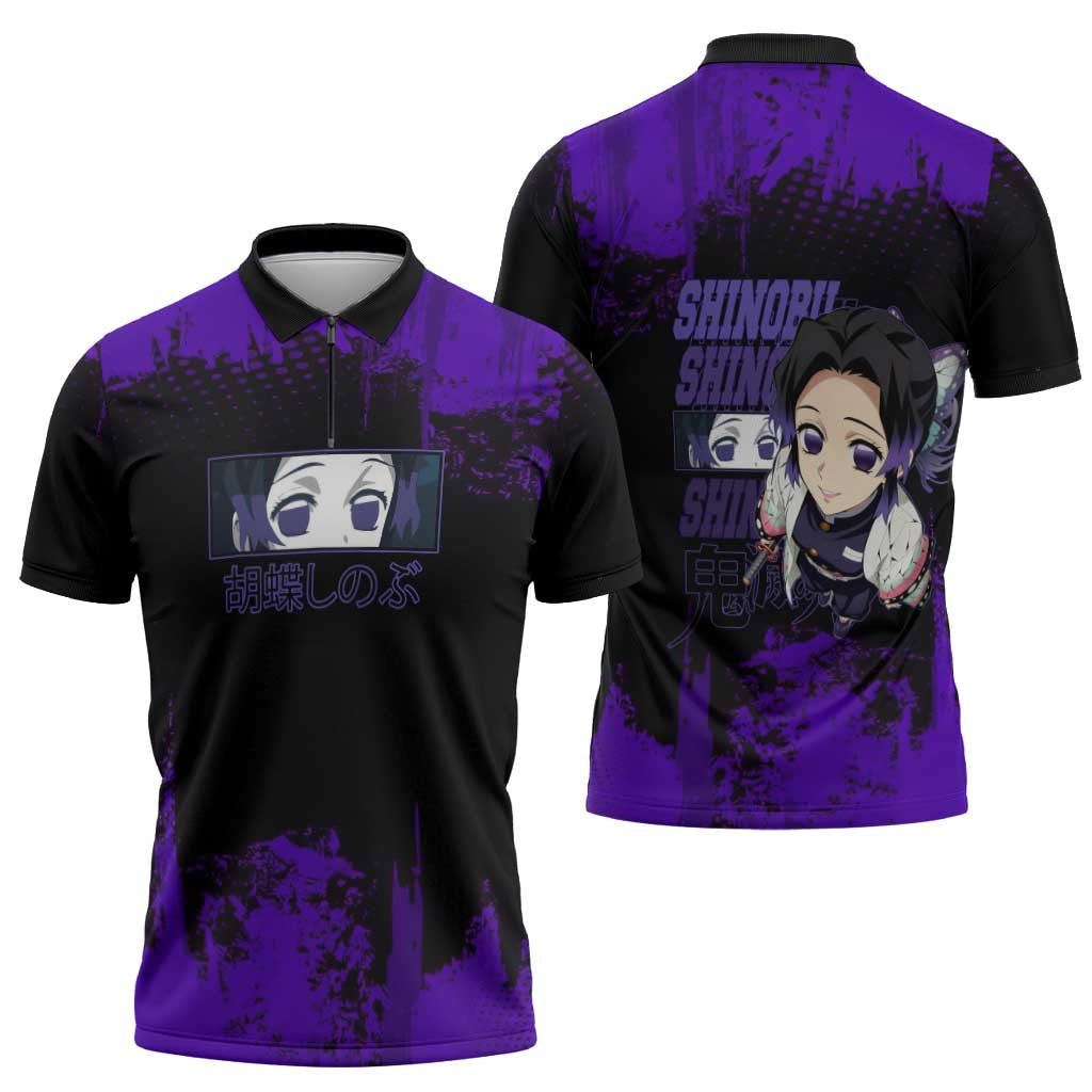Shinobu Kocho Demon Slayer Purple Grunge Design Zipper Polo Shirt with Butterfly Theme and Calm Expression - The Mazicc