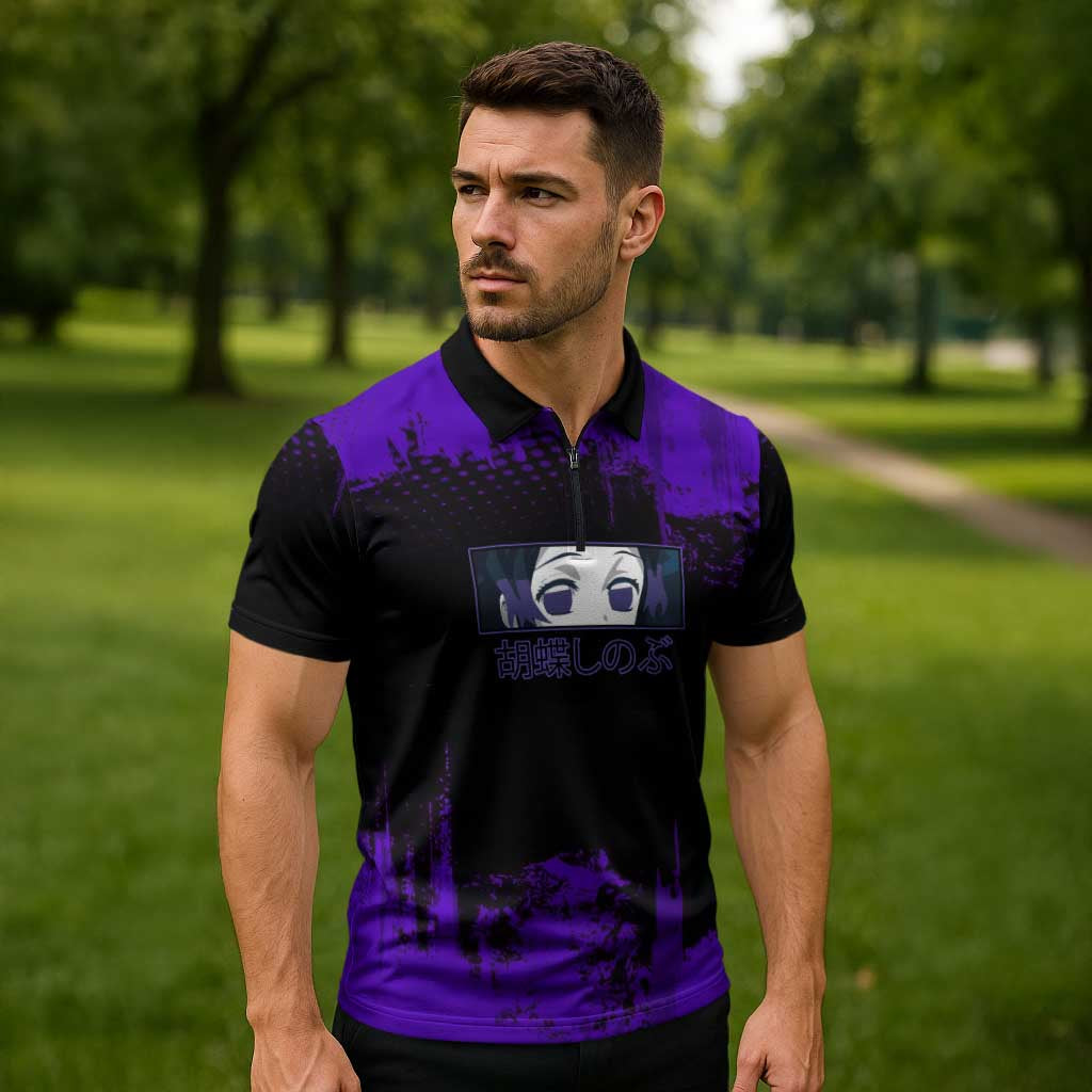 Shinobu Kocho Demon Slayer Purple Grunge Design Zipper Polo Shirt with Butterfly Theme and Calm Expression - The Mazicc