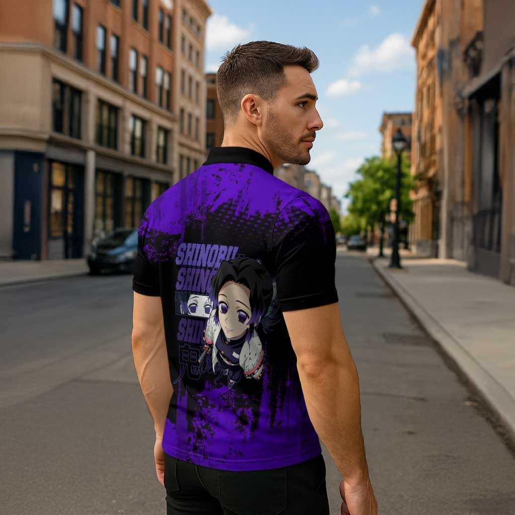 Shinobu Kocho Demon Slayer Purple Grunge Design Zipper Polo Shirt with Butterfly Theme and Calm Expression - The Mazicc