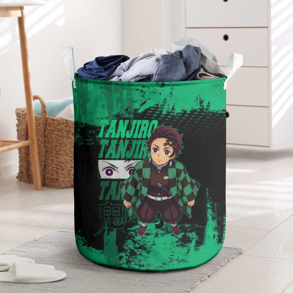 Tanjiro Kamado Demon Slayer Green Grunge Design Laundry Basket with Determined Eyes and Classic Checkered Haori - The Mazicc