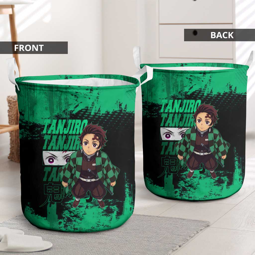Tanjiro Kamado Demon Slayer Green Grunge Design Laundry Basket with Determined Eyes and Classic Checkered Haori - The Mazicc