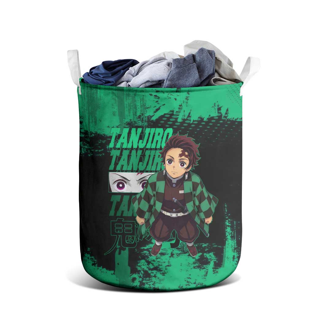 Tanjiro Kamado Demon Slayer Green Grunge Design Laundry Basket with Determined Eyes and Classic Checkered Haori - The Mazicc