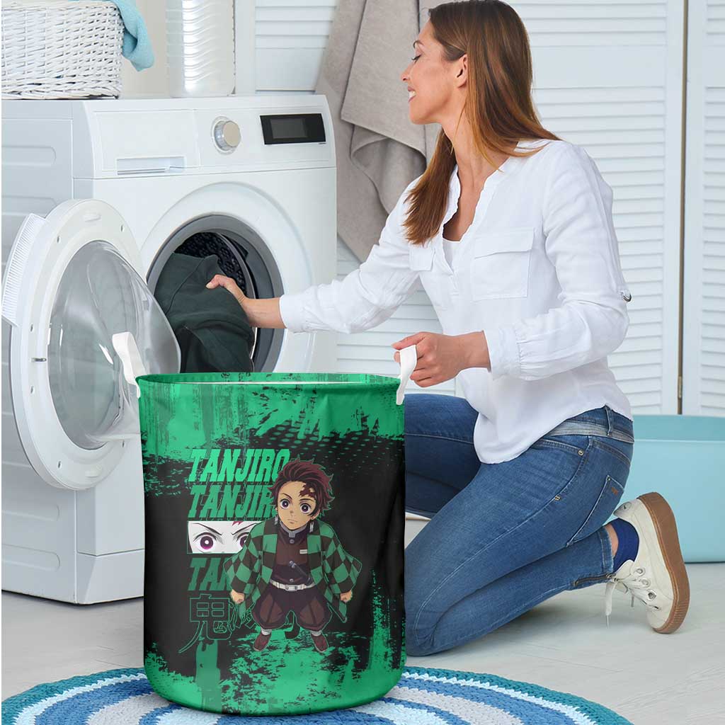 Tanjiro Kamado Demon Slayer Green Grunge Design Laundry Basket with Determined Eyes and Classic Checkered Haori - The Mazicc