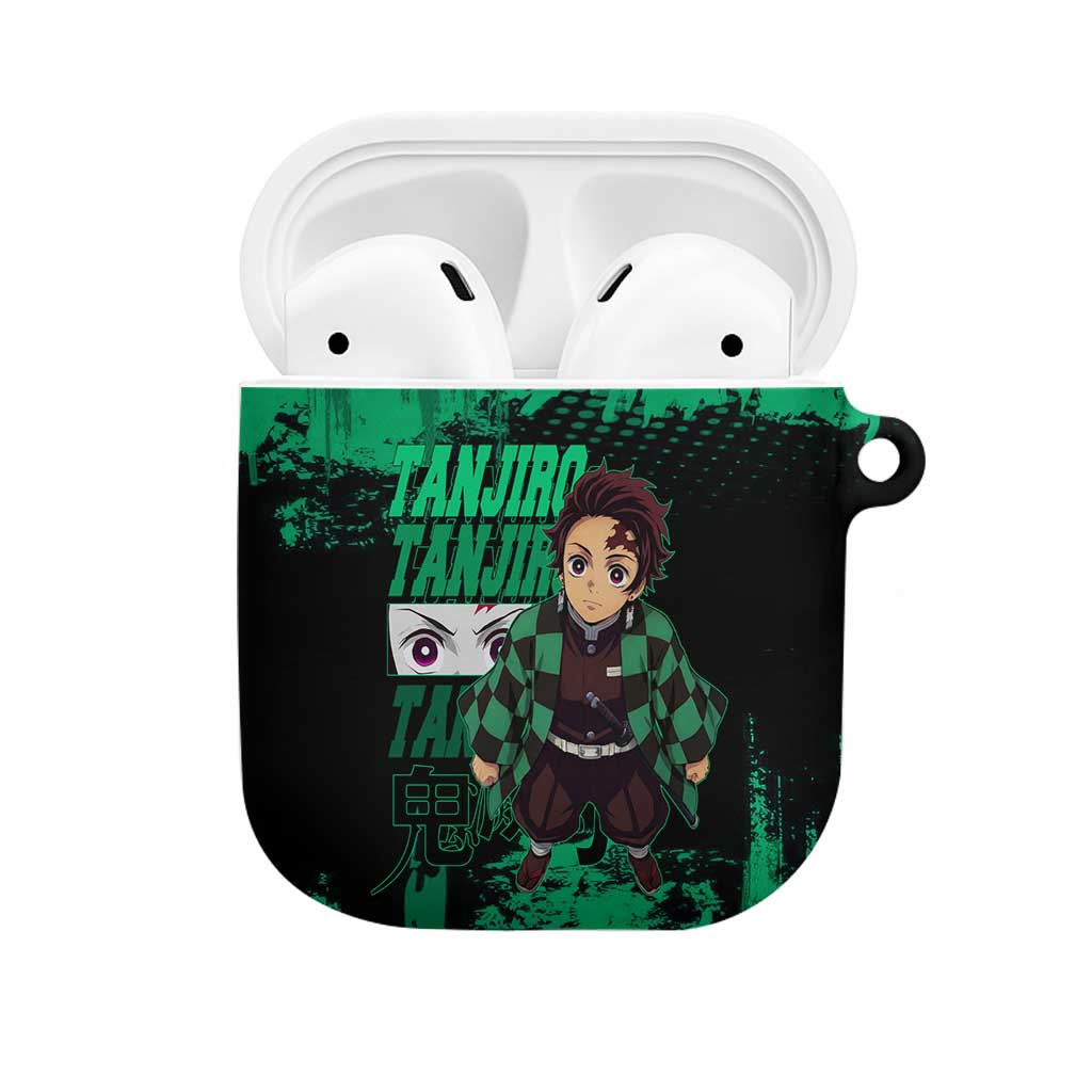 Tanjiro Kamado Demon Slayer Green Grunge Design AirPods Case with Determined Eyes and Classic Checkered Haori - The Mazicc