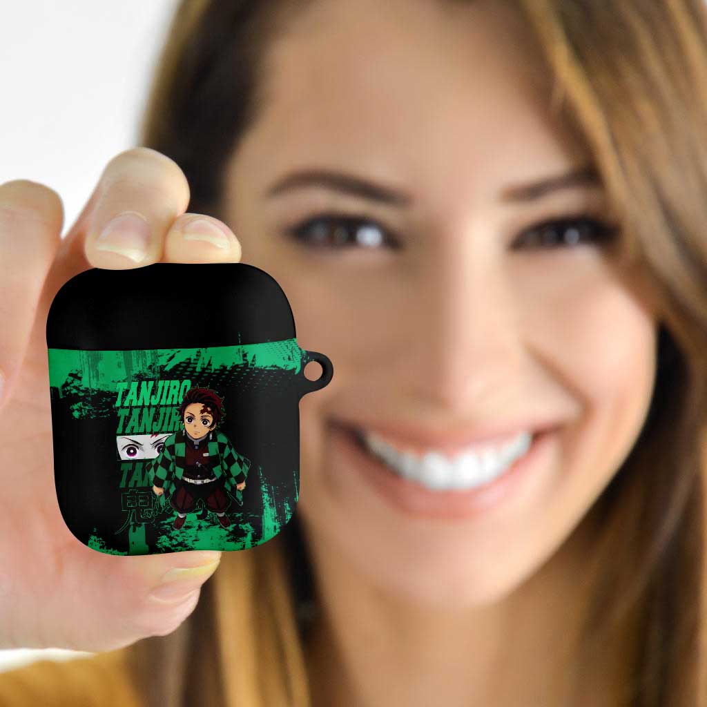 Tanjiro Kamado Demon Slayer Green Grunge Design AirPods Case with Determined Eyes and Classic Checkered Haori - The Mazicc