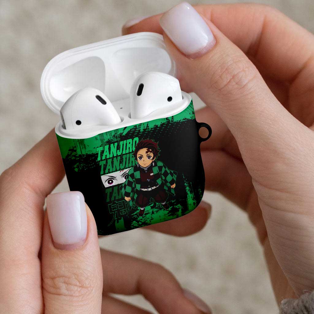 Tanjiro Kamado Demon Slayer Green Grunge Design AirPods Case with Determined Eyes and Classic Checkered Haori - The Mazicc