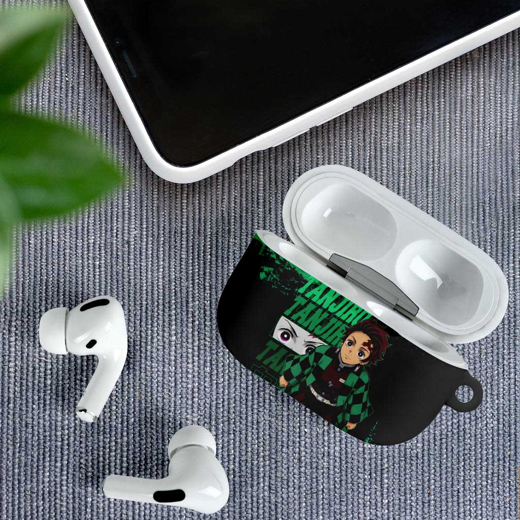 Tanjiro Kamado Demon Slayer Green Grunge Design AirPods Case with Determined Eyes and Classic Checkered Haori - The Mazicc